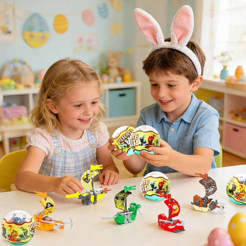 WODMAZ 12PCS Set PreFilled Easter Eggs with Pirate Ship Building Blocks, Surprise Eggs Filled Pirate Ship Toys