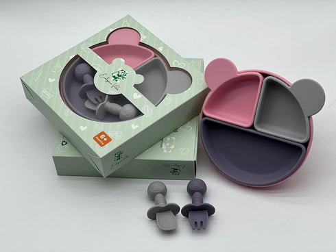MIX COLOR SILICON BABY FEEDING SET, BABY LED WEANING SUPPLIES, BABY EATING SUPPLIES (Pink Grey Purple)