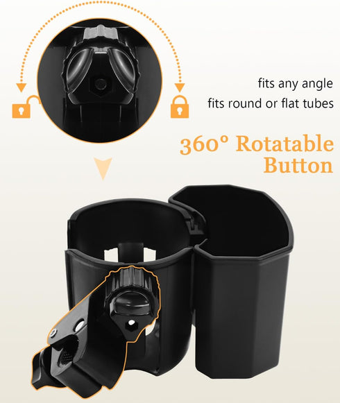 360 Universal Stroller Cup Holder with Phone Holder, Rotatable Strong Clip, Big Storage Space for Walker, Wheelchair