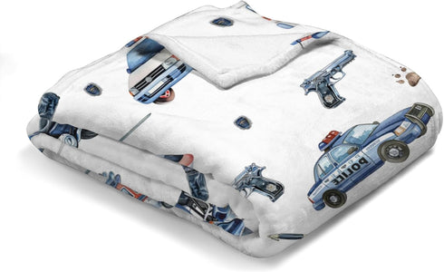 Police Vehicles Watercolor Baby Blanket for Boys, Car Motorcycle Helicopter Flannel Swaddle 30x40