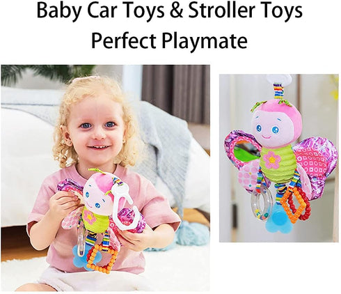 D-KINGCHY Baby Car Seat Stroller Plush Hanging Rattle Toys, Newborn Crib Bed Toy with Teether (Butterfly)