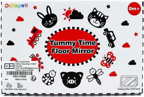 Dr.Rapeti Black and White Tummy Time Floor Mirror for Baby, Infant, Toddler Kids, Washable Non-Toxic Toy with Crinkle