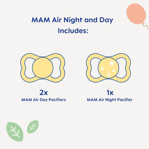 MAM Air Day & Night Baby Pacifier, Glows in The Dark for Sensitive Skin, 3 Pack (6-16 Months, Boy)