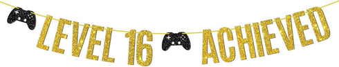 Game on Level 16 Unlocked Banner, Glittery Hanging Sign for 16th Birthday Party Decorations