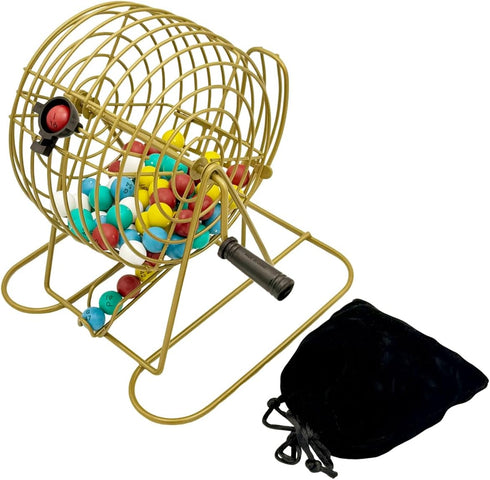Set 6-Inch Cage,75 Balls,100 Cards,1000 JUNWRROW Deluxe Bingo Game with Storage Bag- Includes Antique Gold Rotary