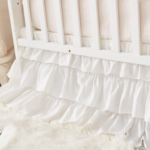 Brandream Triple Layer Cotton Crib Skirt - Solid White Dust Ruffle for Nursery