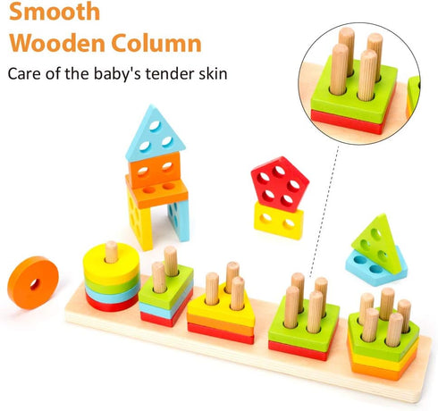 WOOD CITY Wooden Sorting & Stacking Toy, Montessori Shape Sorter for Toddlers, Early Educational Block Puzzles for Kids