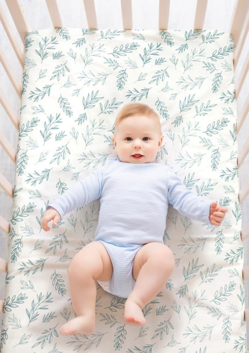FIGEPO 4 Pack Sage Green Fitted Nursery Sheets Breathable Neutral Unisex Baby Sheets for Boys or Girls with Leaf
