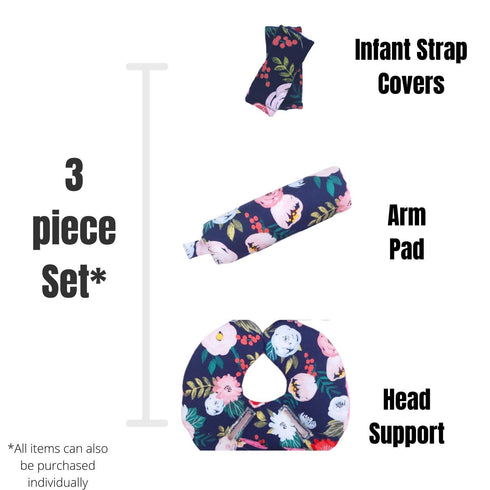 Set, Infant Car Seat Head Support Navy Floral Print, Newborn Head Rest, Baby Strap Covers, Carry Cushion