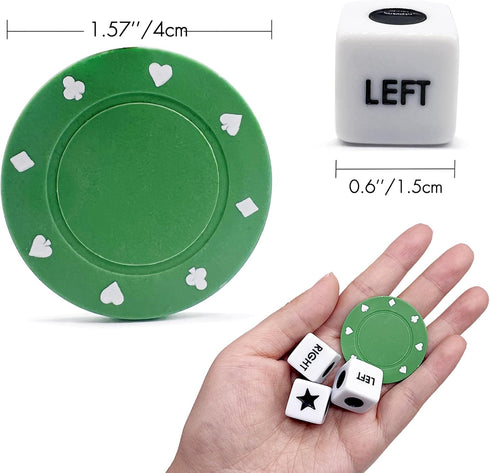 Annietfr Upgrade Left Right Center Dice Game Set, 3 Dices + 30pcs Green Poker Chips + Black Storage Tin