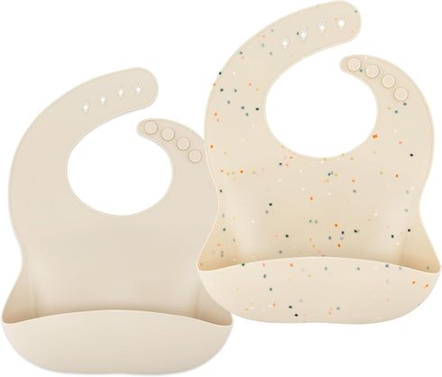 Waterproof Silicone Bib Set with Adjustable Neck Closure - Durable Bibs for Babies - Set of 2