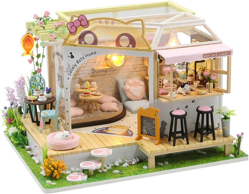 WonDerfulC Cat Cafe Wooden Miniature Dollhouse Kit DIY Pet Coffee Shop with Furniture, LED Light