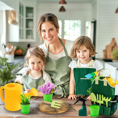 Set, Summer JOI MEW Kids Gardening Tools Garden Toys w/Wooden Handle Alloy Rake,Fork,Trowel, Watering Can,Gloves,Tote