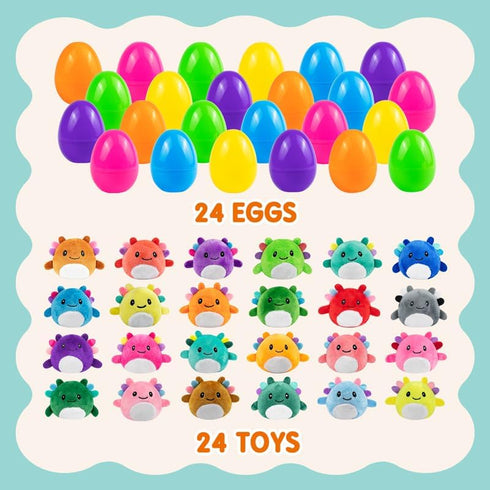 24 Pack Easter Basket Stuffers Easter Basket Essentials Prefilled Plastic Eggs with Axolotl Plush Toys Mini Mexican