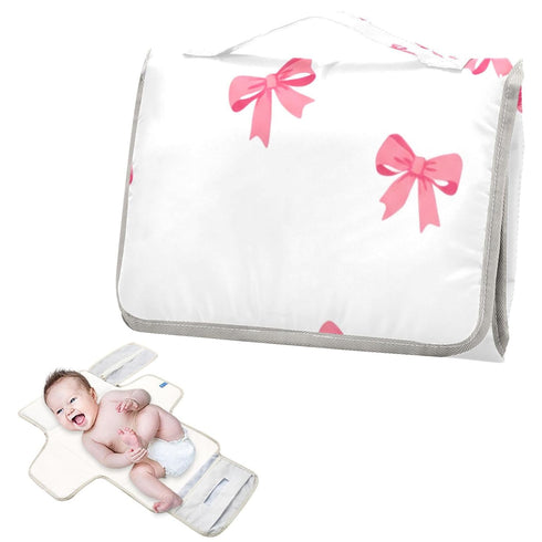 WELLDAY Pink Bows Portable Diaper Changing Pad - Waterproof Foldable Baby Diaper Changing Pad with Built-in Pillow