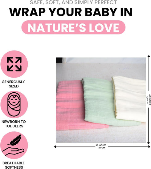 100% 3-Pack, 47 47 inches Organic Muslin Swaddle Blankets, Organic Cotton, Baby Wrap for Boys and Girls, Soft