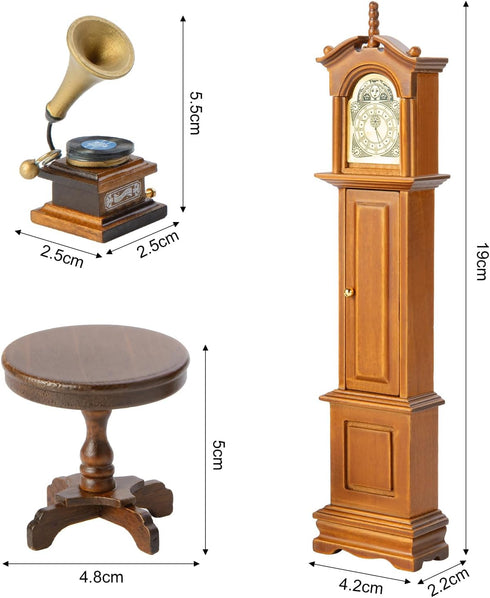 Minamzee 1:12 Set, 3Pcs Dollhouse Furniture Accessories Victorian Miniature Grandfather Clock, Vintage Phonograph