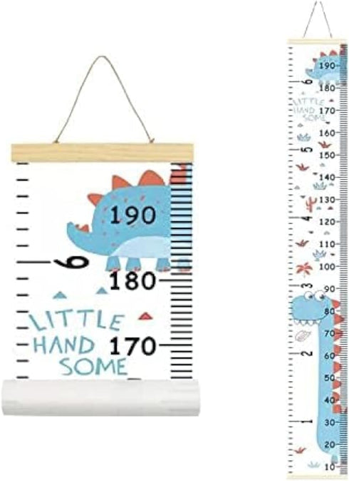 Kids Growth Chart, Wood Frame Fabric Canvas Height Measurement Ruler for Child's Room Decoration - Blue Dinosaur