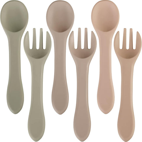 6 Pieces Silicone Baby Feeding Forks and Spoons Set, Mini Kids Utensils for 6 Months and Up (Cream Color)