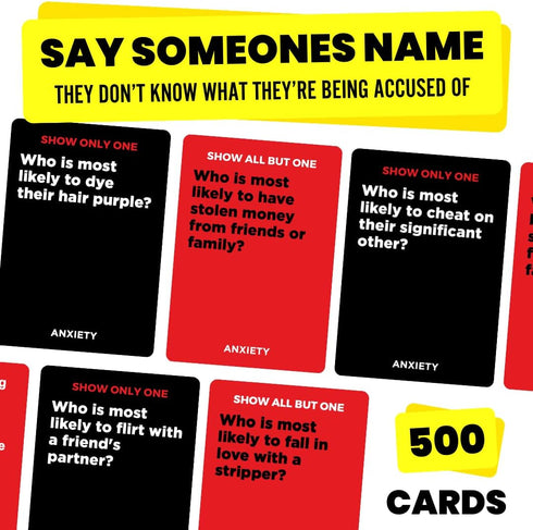 500 17+, Viral Studios Anxiety - The Savage Party Card Game for Accusations, Dares & Horrible Honesty Cards, Ages