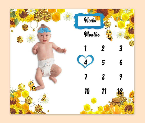 Baby Monthly Milestone Blanket| Sunflower Bee Honeycomb Golden Honey Pot | Newborns 1 to 12 Months Unisex Include 4 Frames and 1 Headband 48"x40" BTQQPH118 by PHMOJEN