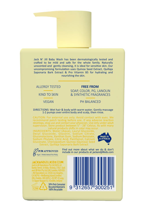 Jack N' Jill Natural Bathtime Baby Wash - Baby Wash Sensitive Skin, Hypoallergenic, Fragrance Free Baby Wash, Dermatologically Tested, Perfect for Newborns, Vegan - Scent Free, 300 mL (Pack of 1)