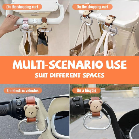 Vantico 2 Pack Cute Stroller Hooks for Hanging Diaper Bags, Universal Leather Stroller Clips with Bear Design, Non-Slip