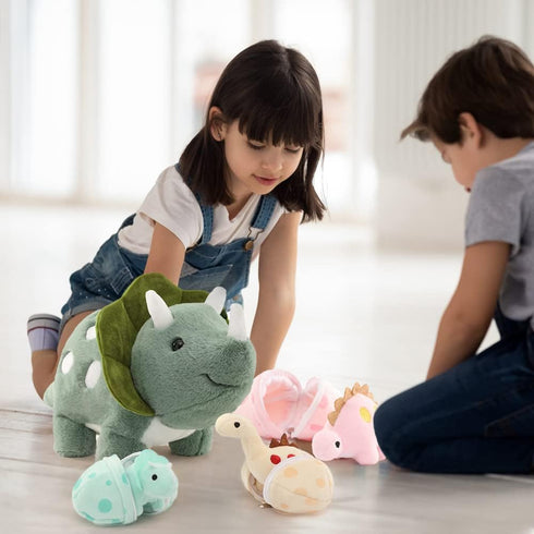 17.6in Plush Dinosaur Stuffed Animals, Mommy Dinosaur with 3 Baby Dinosaurs, Triceratops, T-Rex, Diplodocus