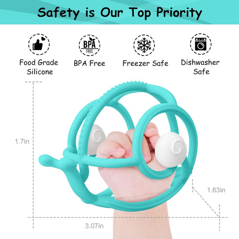 Mombella Teething Toys 6-12 Months - 2 in 1 Snail Baby Teether & Rattle Toys, BPA FREE (Teal)