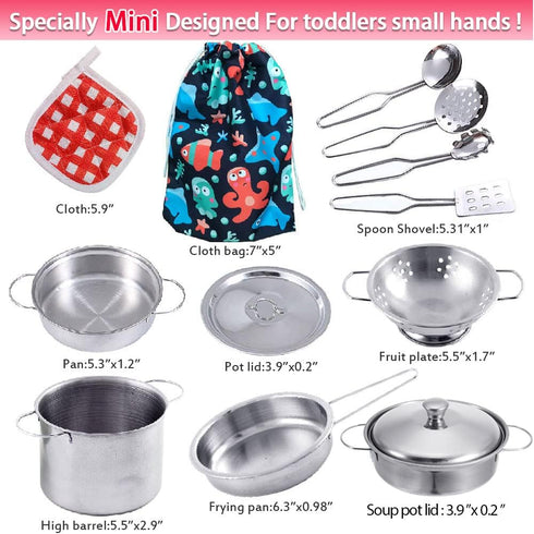 Tiny Cookware Utensils Pretend Play Kitchen Toys, Stainless Steel Cooking Set, Montessori Kitchen Playset for Kids,