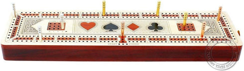 3 Track Continuous Cribbage Board in Maple Wood/Bloodwood - 12.5 Inch Size with Inlaid Card Symbols and Storage Drawer