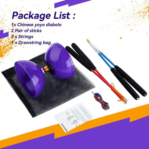 Pro Diabolo Yoyo Triple Bearing Chinese Yoyo, 5” Purple Diabolo Toy for Kids and Adults, Includes 2 Carbon Sticks & Bag