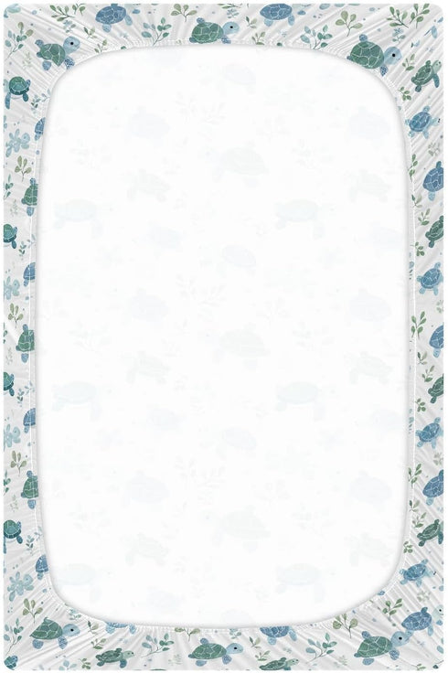 Vdsrup 39 27 5In Crib Sheets for Boys Girl Turtles Neutral Mini Crib Mattress Sheets Fitted, Blue Green Toddler Baby