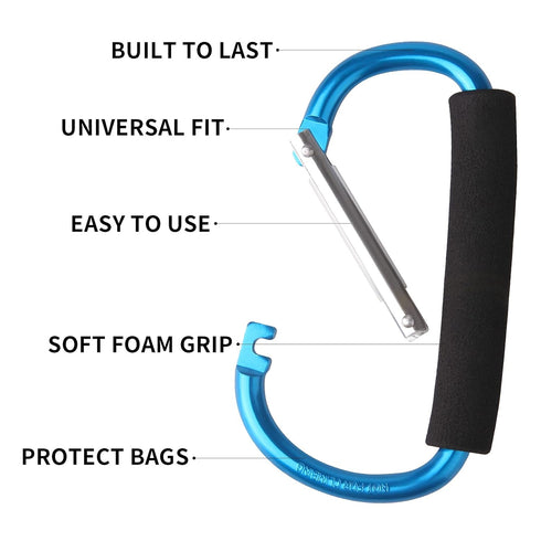 4 Pack Large Carabiner Stroller Hooks, 5.5" D Style Click and Carry Bag Carrier (Light Blue and Rose Red)