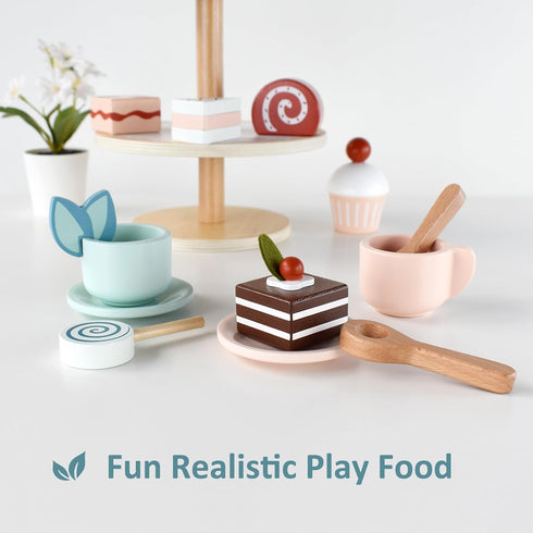 Set Playset Set PairPear Tea Party Dessert Stand -Wooden Toys Pretend Play Food Kitchen Accessories for Toddler Tea