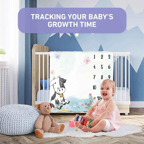 Cow Print Baby Monthly Milestone Blanket, Farm Animals, 40"x40", Unisex, Includes 4 Frames & 1 Headband