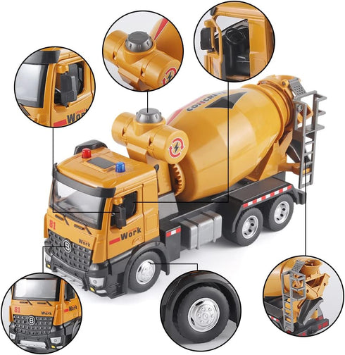 Cement Mixer Construction Toys, Metal DieCast Cement Mixer Truck Model with Simulated Sounds and Lights