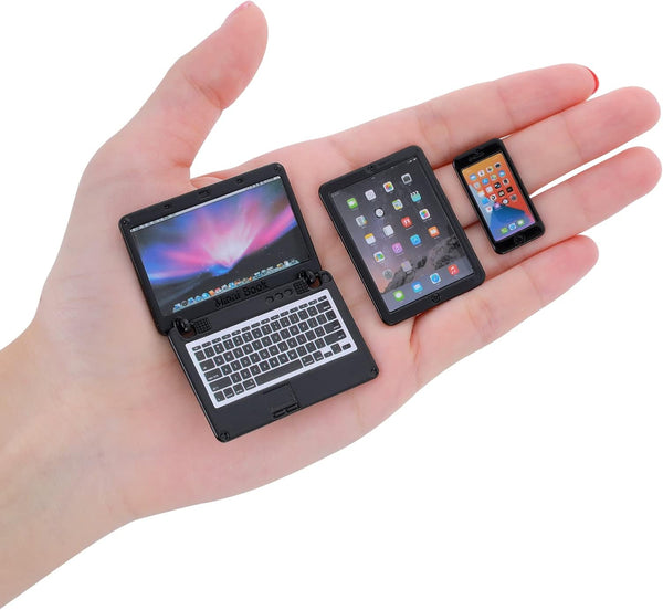 3Pcs Miniature Dollhouse Décor, 1:12 Metal Simulation Laptop, Tablet, Smart Phone Accessories (Black 3Pcs)