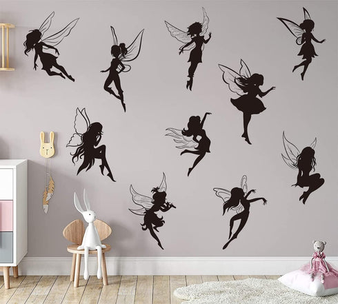 Black Fairy Girls Room Wall Decal, Cute Fairy with Large Wings Silhouette Stickers for Baby Nursery Kids Bedroom Decor