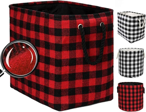Large Rectangular Foldable Storage Baskets, Cotton Rope Handles, Soft Felt Fabric Bins, Red Black Grid