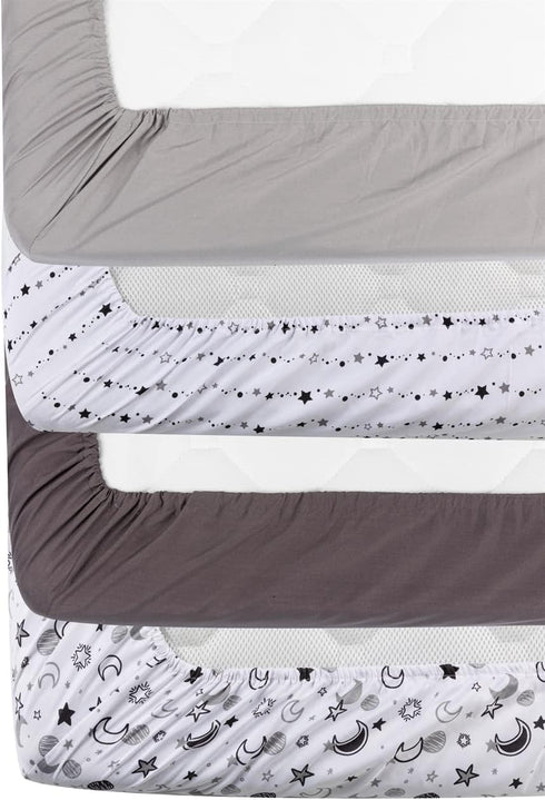 FIGEPO 4 Pack Set Star and Moon Neutral Unisex Fitted Baby Crib Sheets for Baby Boys or Girls