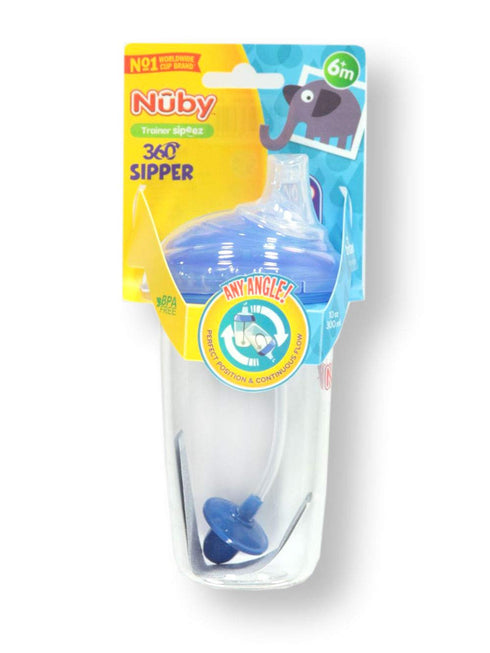 Nuby Tritan No-Spill 10 oz Trainer Cup, Silicone Spout, 360 Weighted Straw & Hygienic Cover, Blue