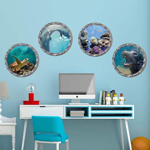 4 PCS Removable 3D Under The Sea Wall Decals, Animals Wall Sticker Home Decor for Bathroom & Kids Nursery Room
