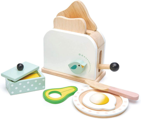 Tender Leaf Toys Mini Chef Breakfast Toaster Set - 10 Pcs Classic Wooden Pop Up Toaster Toy for Pretend Cooking
