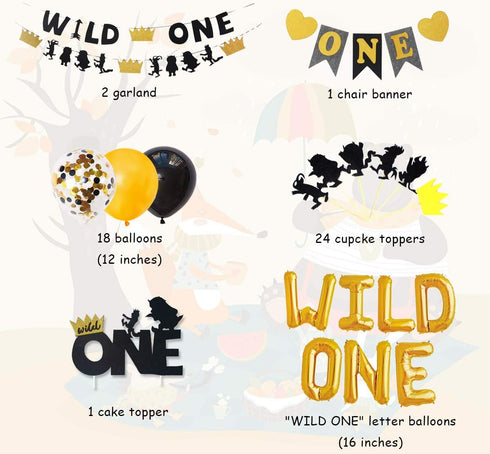 Wild One Birthday Decorations for Boys, Black and Gold Balloons, High Chair Banner, Cake Toppers, 1st Birthday Supplies