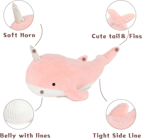 Tezituor Narwhal Stuffed Animal, Pink Plush Whale Narwhal Toy, Ultra Soft Cute Plushie Hugging Pillow for Girls Kids