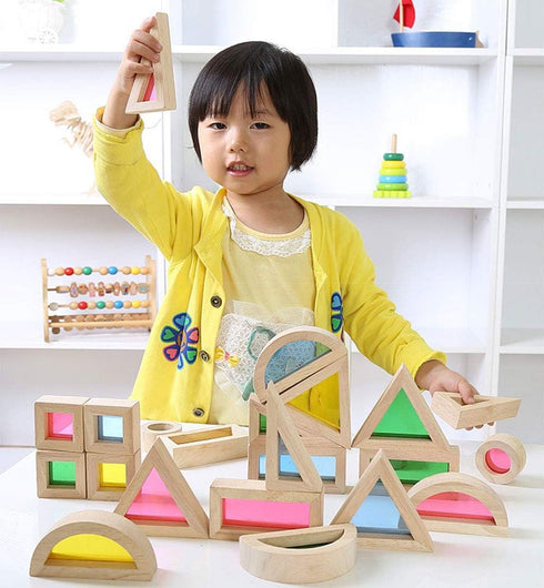 Agirlgle Wood Building Blocks Set for Kids, 24 Pcs Rainbow Stacker Construction Toys