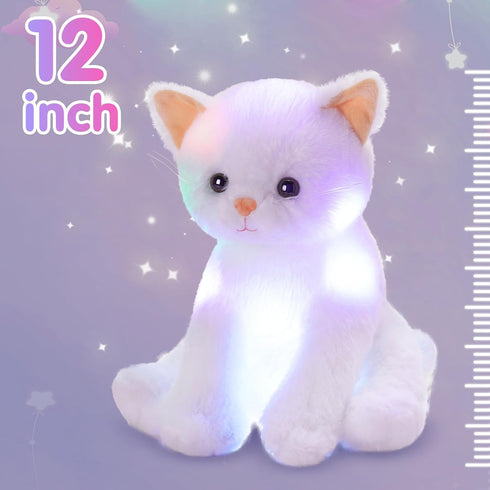 Houwsbaby LED Glowing Kitty Plush Toy - Light Up Cat Stuffed Animal, Night Lights Birthday Present for Kids, White, 12''