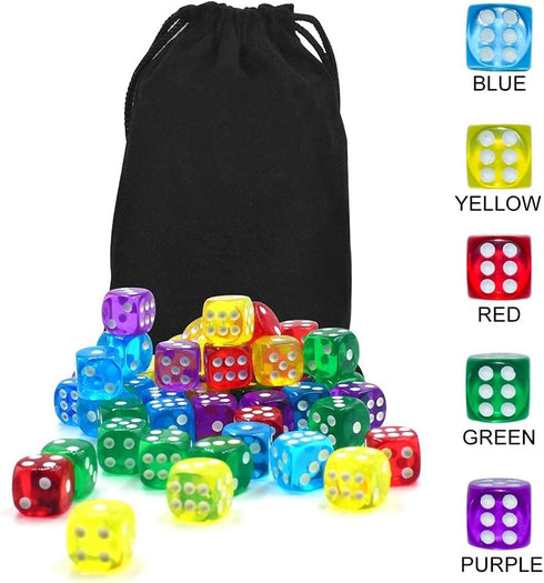 50 Pack 14MM 6 Sided Dice Set - Translucent Colors Dice with Black Pouch for Board Game