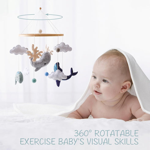 Montessori Baby Mobile for Crib - Ocean Animals Decor with Felt Ball Sea Blue Whale & White Clouds, Baby Shower Gift